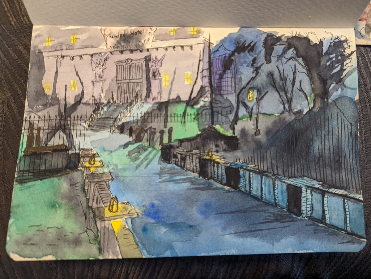 Lhet's tweet image. #13 Haunted Hotel
Eh, this one was kinda a mess. Big dark block with no linework to give it form, and so many light sources that either smoothly blend or hard cut to black. Shouldn't have picked a reference like this I think.
#watercolor #lineandwash