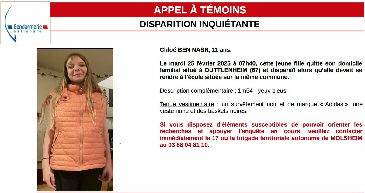 🔴 APPEL À TÉMOINS pour retrouver Chloé, une fillette de 11 ans introuvable dans le Bas-Rhin

Chloé Ben Nasr, 1m54 et les yeux bleus, devait se rendre à l’école ce mardi matin à Duttlenheim

➡️ l.leparisien.fr/uH3y