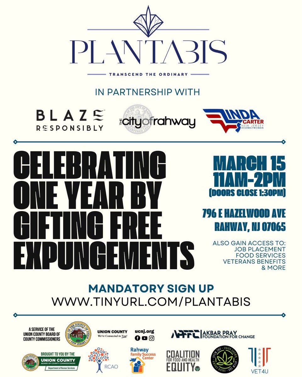 We’re excited to celebrate the one year anniversary of @plantabisnj @artie_maglio by hosting an expungement event 🥳 

Shout to out to the <a href="/CityofRahway/">City of Rahway</a>, <a href="/ASWCarter/">ASW Linda S. Carter</a> &amp; our partners for supporting this initiative 💚

Blaze Responsibly™️

#community #socialimpact #partnership
