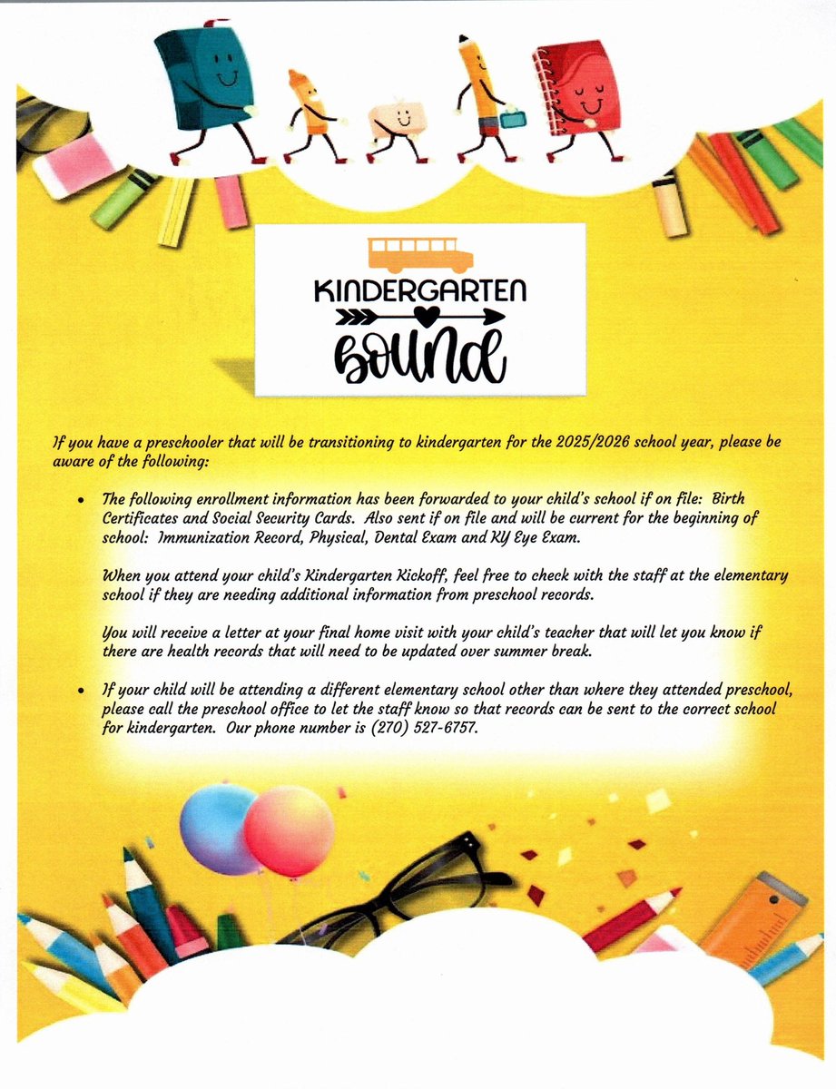 Attention parents of preschoolers that will be transitioning to kindergarten for the 2025/2026 school year.......