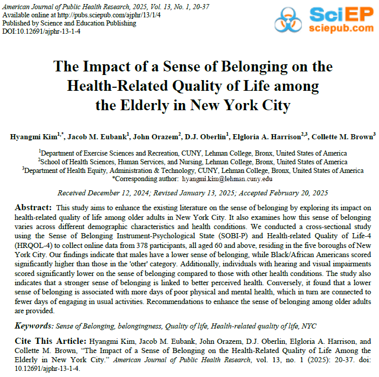 Jacob M. Eubank, Ed.D. (@drjacobmeubank) on Twitter photo 📢 New study from <a href="/USDA/">Dept. of Agriculture</a> and <a href="/LehmanCollege/">Lehman College</a> <a href="/CUNY/">The City University of New York</a> finds a strong sense of belonging boosts health & well-being for NYC’s older adults! 💙
Learn more about us here: nimss.org/projects/view/…
✅ Linked to better physical & mental health 📢 New study from <a href="/USDA/">Dept. of Agriculture</a> and <a href="/LehmanCollege/">Lehman College</a> <a href="/CUNY/">The City University of New York</a> finds a strong sense of belonging boosts health & well-being for NYC’s older adults! 💙
Learn more about us here: nimss.org/projects/view/…
✅ Linked to better physical & mental health