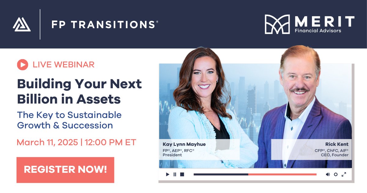 meritfinadvisor's tweet image. Our President, Kay Lynn Mayhue, and CEO, Rick Kent, join Eric Leeper for an exclusive FP Transitions webinar, moderated by Suzanne Siracuse! 

Learn key strategies for building a scalable, sustainable firm. ow.ly/KIg850V67OU

#FPTransitions #WealthManagement #BusinessGrowth