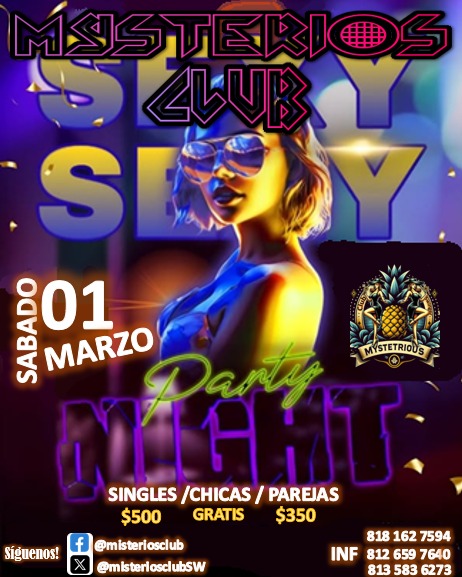 Regresamos y vamos con todo !

Este *01 de Marzo* no te puedes perder el *SEXY NEON FEST* del  *MYSTERIOS CLUB*
ven a partir de las 23:00 hrs y disfruta de una noche sin IGUAL.

Área de JUAREZ N.L

INF al 81 2659 7640 /813 583 6273/8181627594