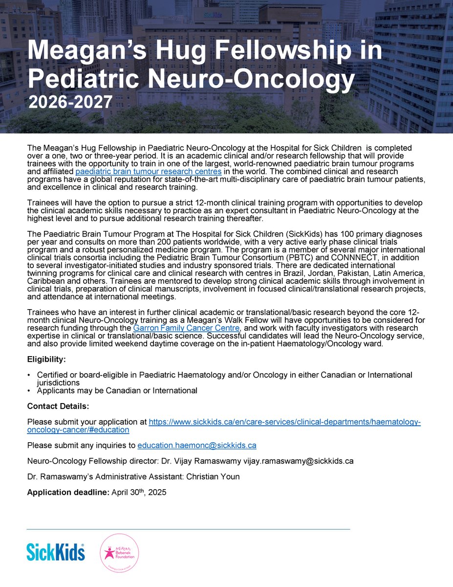 Pediatric Neuro-Oncology Fellowship at Sickkids - Join our team and our growing alumni of world leaders in neuro-oncology for a fellowship rich in molecular translations and cutting edge care.  <a href="/meaganbebenek/">Meagan Bebenek Foundation</a> <a href="/SickKidsCancer/">Garron Family Cancer Centre</a> <a href="/youngsiop/">Young SIOP</a> <a href="/COGorg/">Children’s Oncology Group</a> <a href="/NeuroOnc/">SNO</a> <a href="/Uri_Tabori/">Uri Tabori</a> <a href="/DrAnnieHuang/">Annie Huang</a>