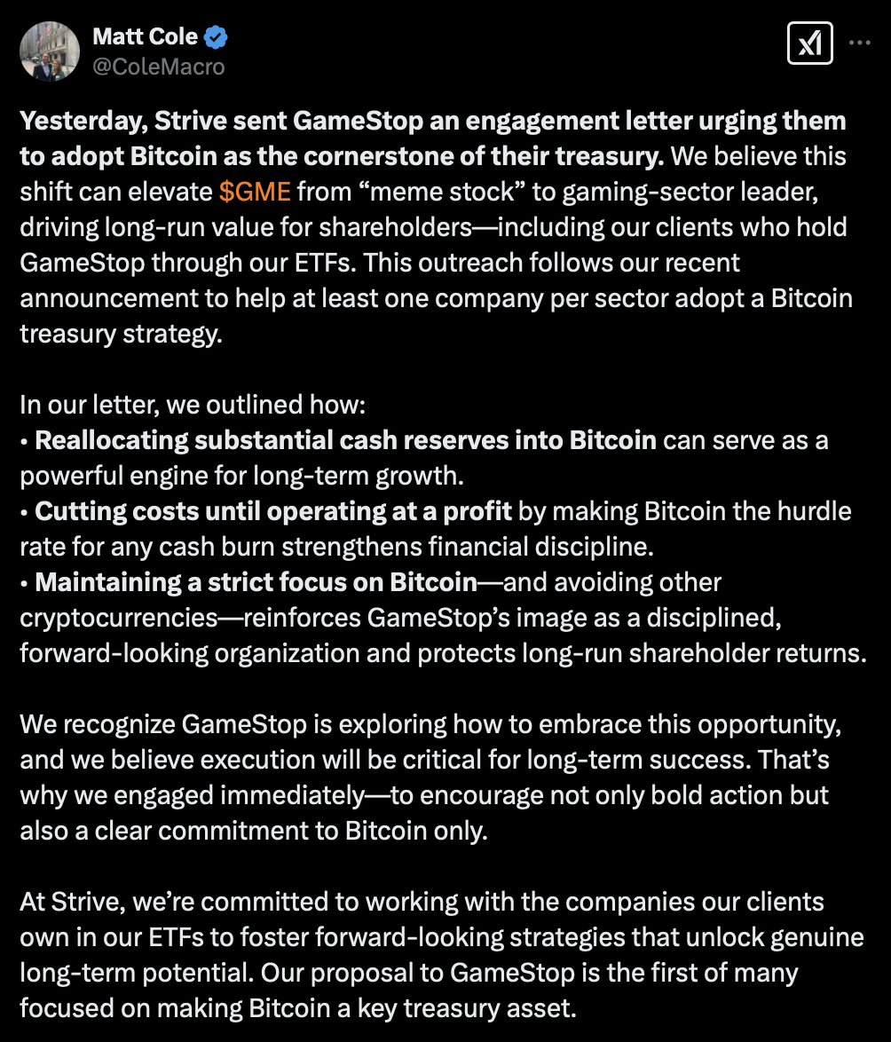 NEW: Strive Asset Management CEO Matt Cole writes a letter to GameStop,  urging the company to 