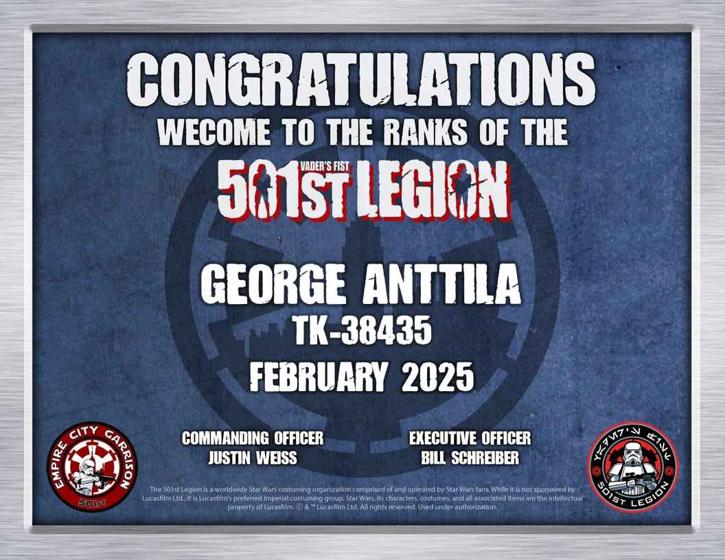 501ECG's tweet image. Please join us in welcoming our newest recruit - First Order Stormtrooper George Anttila (TK-38435)!.
.
.
.
#501st #501stlegion #official501st #501stecg #empirecitygarrison #starwars #lucasfilm #firstorderstormtrooper