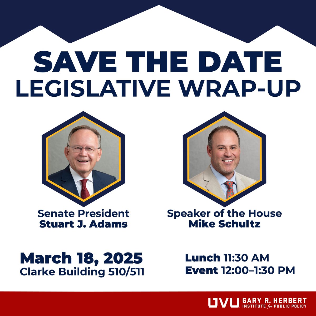 Save the Date!!

Join us as we break down the key takeaways from this year's legislative session with Utah House Speaker Schultz and Senate President Adams! Register for free at the link in our bio. 

#utpol #utleg #UVU