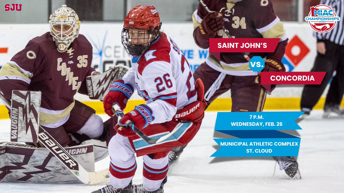 Saint John's Athletics (@sjujohnnies) on Twitter photo . <a href="/JohnnieHockey/">SJU Hockey</a> hosts Concordia in the MIAC quarterfinal at 7 p.m. Wednesday at the MAC in St. Cloud!
LIVE COVERAGE/PREVIEW/TICKETS: gojohnnies.com/news/2025/2/25…
#GoJohnnies #d3hky . <a href="/JohnnieHockey/">SJU Hockey</a> hosts Concordia in the MIAC quarterfinal at 7 p.m. Wednesday at the MAC in St. Cloud!
LIVE COVERAGE/PREVIEW/TICKETS: gojohnnies.com/news/2025/2/25…
#GoJohnnies #d3hky
