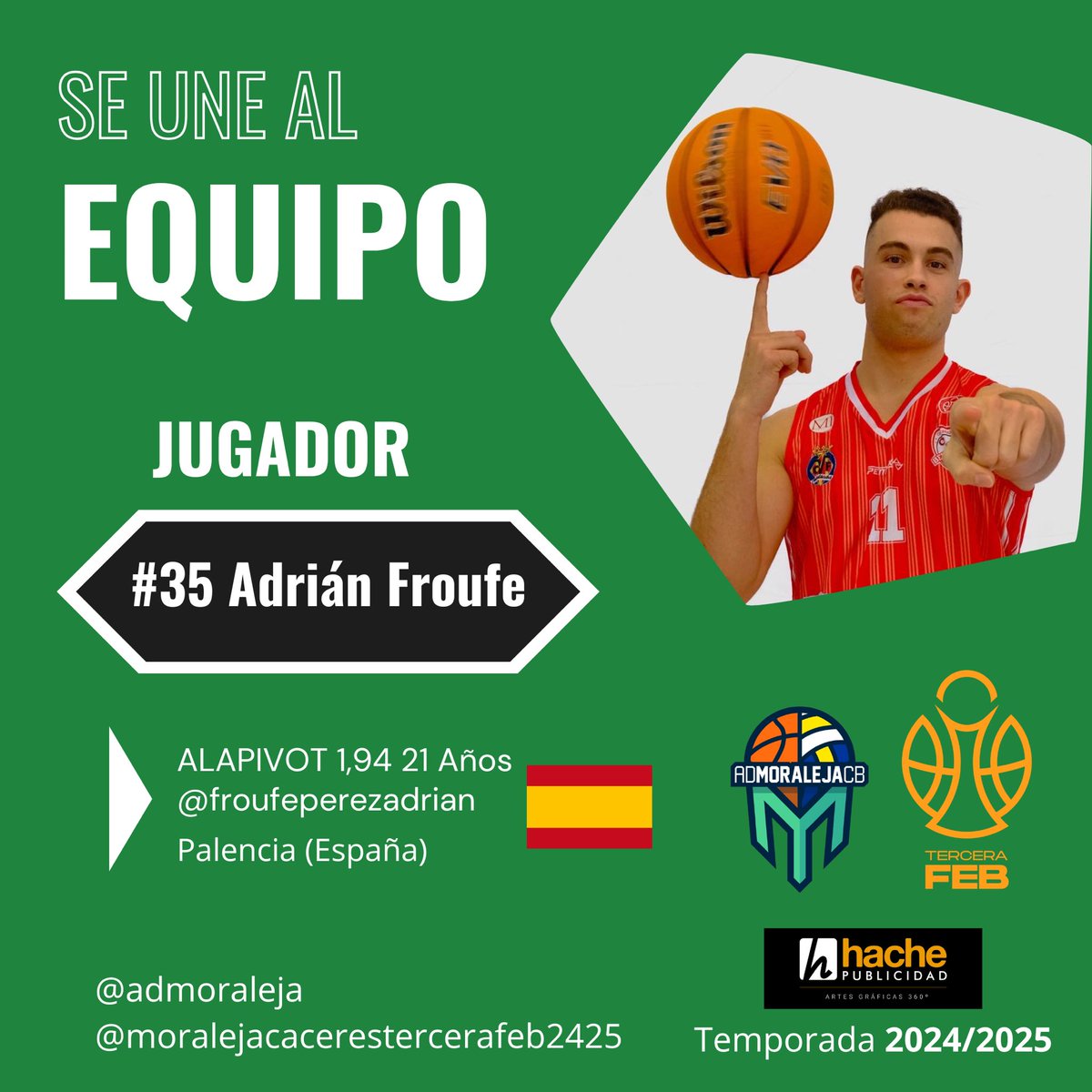 Se une al EQUIPO. Joven jugador procedente de Benicarló de Segunda FEB con ganas de demostrar todo el potencial que lleva dentro.  Habilidad en la cancha, capacidad defensiva e inteligencia de juego. Refuerzo que ayudará a Moraleja: Adrián Froufe 🏀🍀