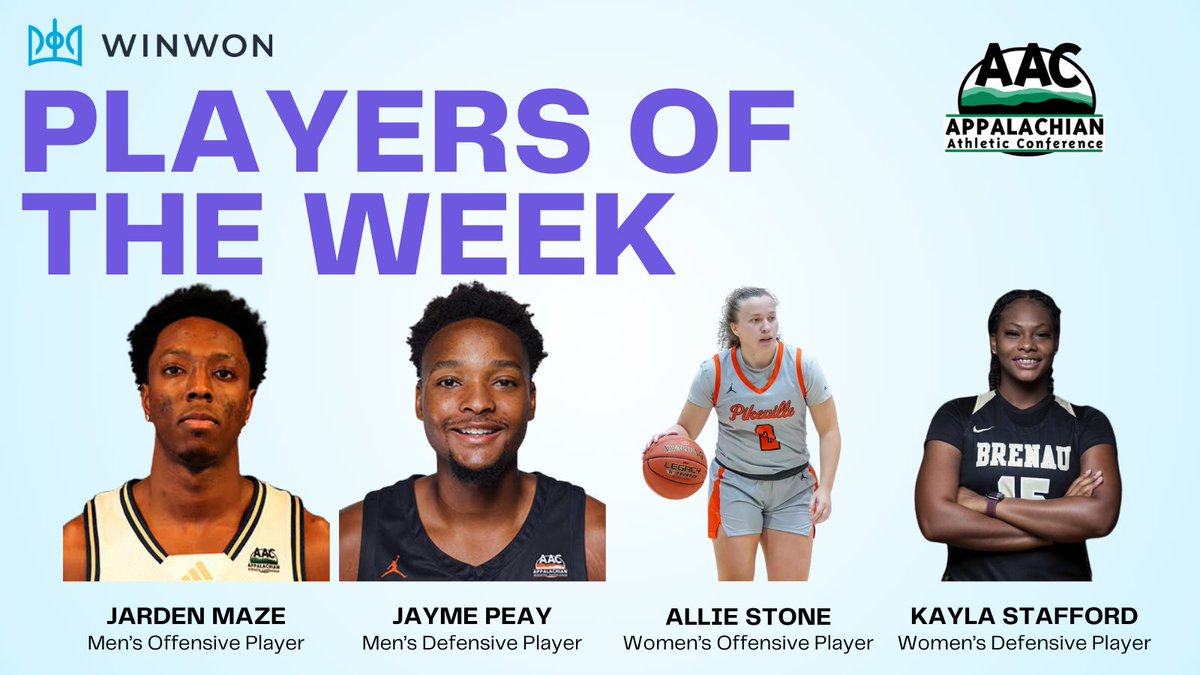 Shoutout to the WinWon Athletes of the Week from the <a href="/AACsports/">AAC Sports</a>:

M🏀: Jarden Maze (<a href="/MontreatCavs/">Montreat Cavaliers</a>) &amp; Jayme Peay (<a href="/MilliganBuffs/">Milligan University Athletics</a>)
W🏀: Allie Stone (<a href="/UPIKEAthletics/">UPIKE Athletics</a>) &amp; Kayla Stafford (<a href="/BUGoldenTigers/">Brenau Golden Tigers</a>)

M🏐: Kaelen Ingram (<a href="/STU_Athletics/">STU Athletics</a>), Kyle Pietrzak (<a href="/BluefieldRams/">Bluefield Rams</a>), Matheus