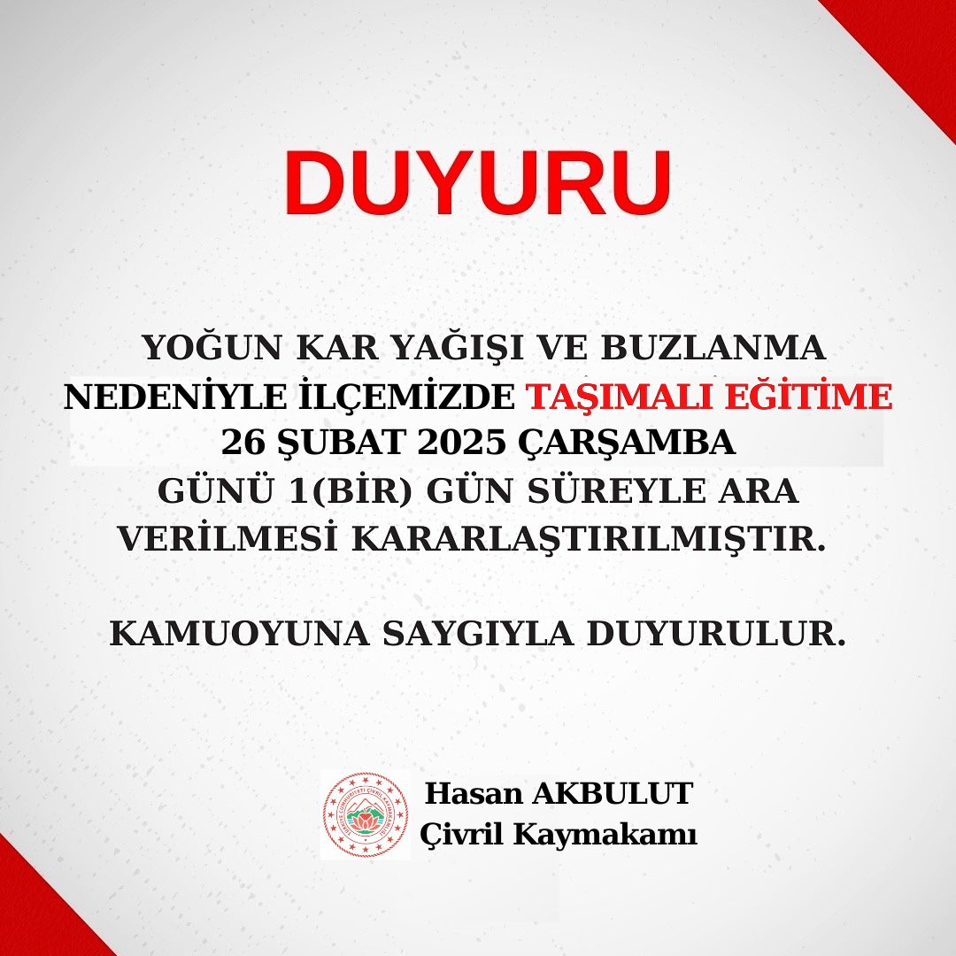 DUYURU !!!!!

İlçemizde yaşanan kar yağışı ve buzlanma sebebiyle 26 Şubat 2025 Çarşamba günü TAŞIMALI EĞİTİME bir gün süre ile ara verilmiştir.

Bütün halkımıza duyurulur.

#Çivril