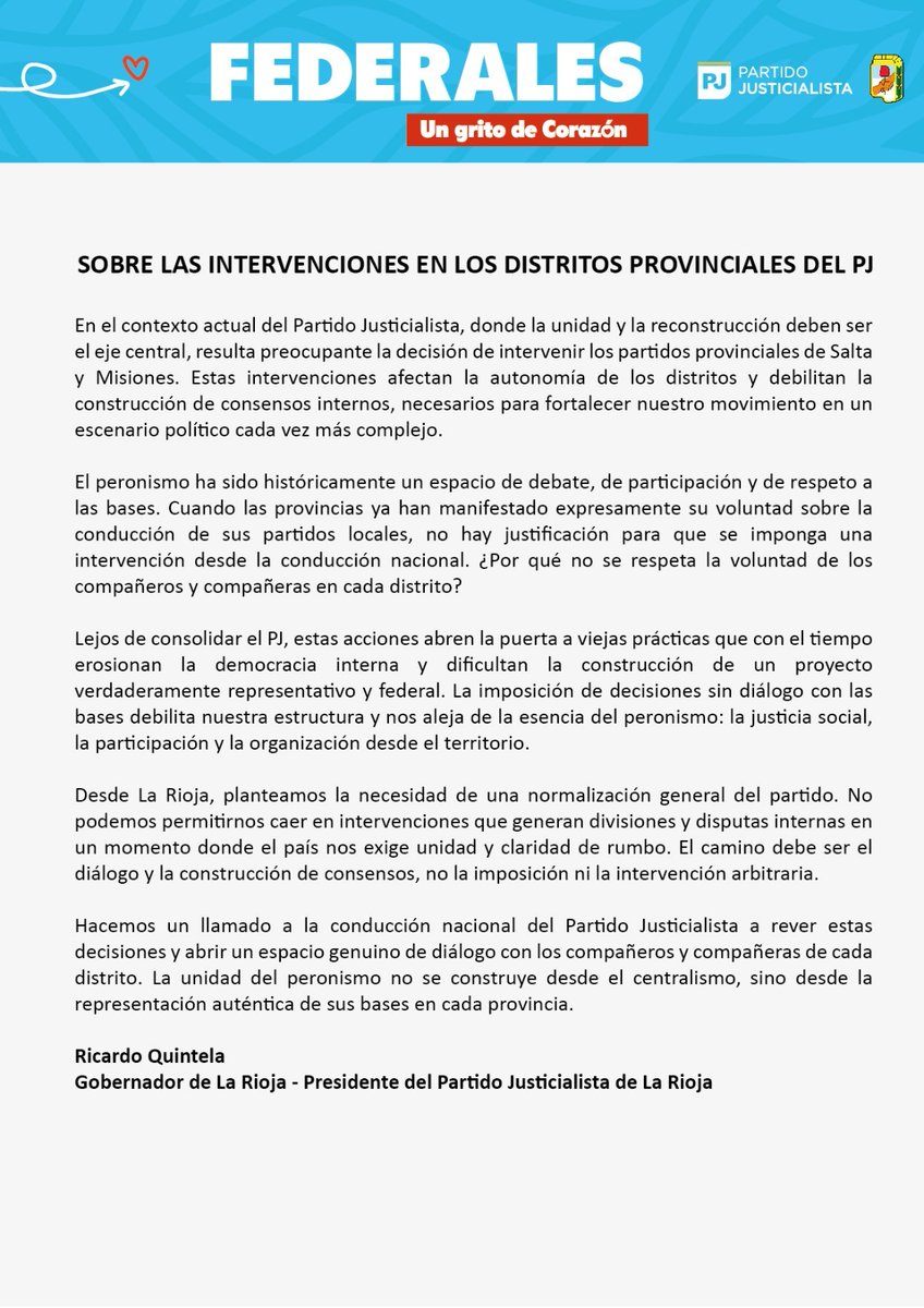 Comparto este comunicado sobre la preocupante situación de las intervenciones en los distritos provinciales del PJ.