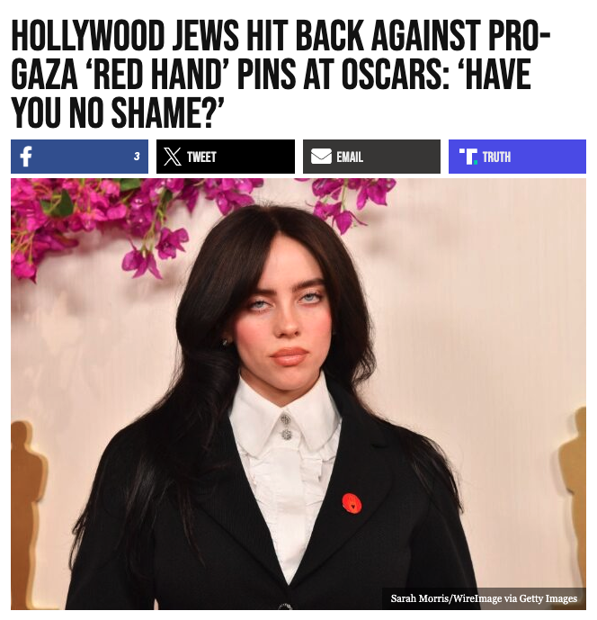 BREAKING: A group of Jewish Hollywood executives and filmmakers is condemning plans to wear red pins for Gaza at the 2025 Oscars.

“Today, we will not be silent. That pin is no symbol of peace. It is the emblem of Jewish bloodshed.”