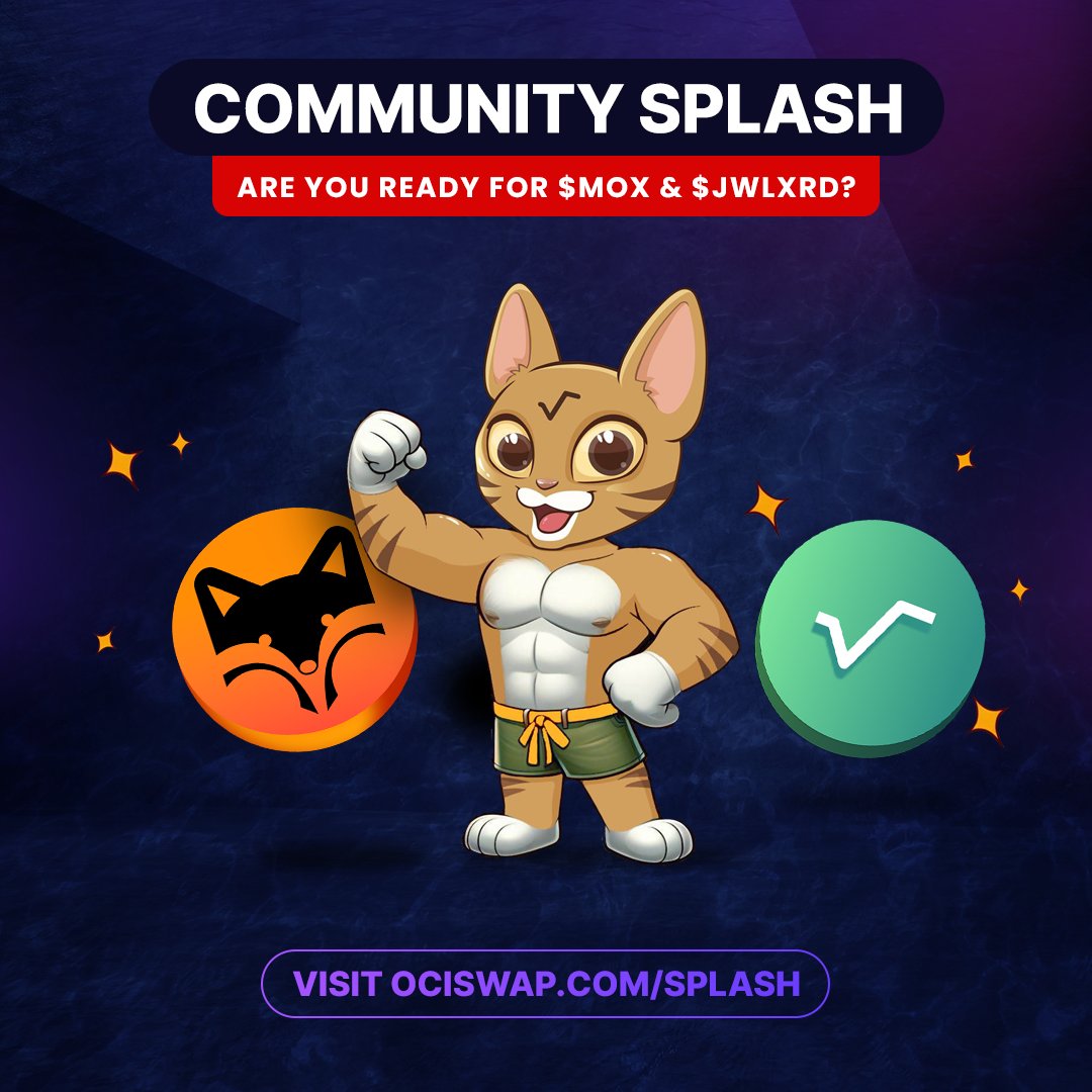 2/2
Get ready for an exciting Community SPLASH reward 🌶️

Share of 5,000 JWLXRD &amp;
25,000 MOX

Dive in now at ociswap.com/splash 🌊

‼️ Only liquidity in the new Ociswap Pool V2 and Ociswap Precision Pool V2 is eligible for SPLASH.