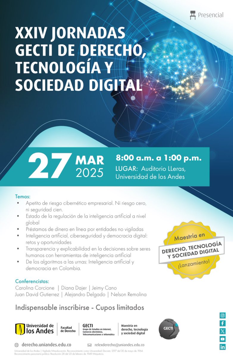 Bienvenidos/as a las XXIV  jornadas GECTI de derecho, tecnología y sociedad digital. Inscripciones en: derecho.uniandes.edu.co/eventos/xxiv-j…