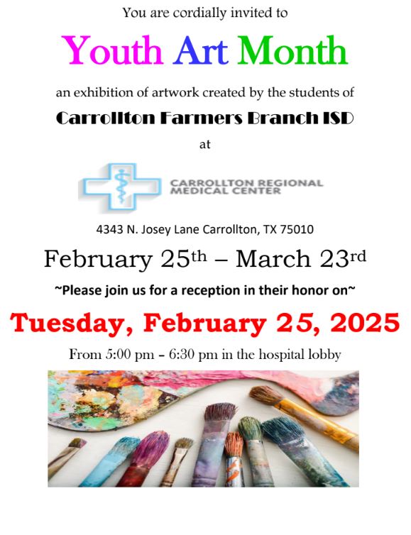 <a href="/Youthartmonth/">Youth Art Month CFAE</a> celebrates #ArtsEducation programs. CFBISD artistic talents are being celebrated with an art show at the Carrollton Regional Medical Center. This K - 12th grade annual art show will be up the month of March . <a href="/TexasYAM/">TexasYAM</a> #cfbproud #CFBISD