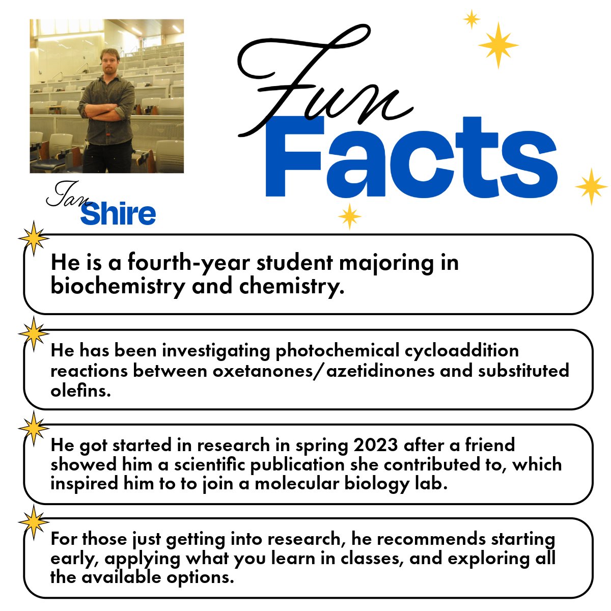 We would like to recognize Ian Shire, a fourth-year student majoring in biochemistry and chemistry. He began doing research in spring 2023.

#KUResearch #ClaimYourCuriosity #RockChalk #UniversityofKansas