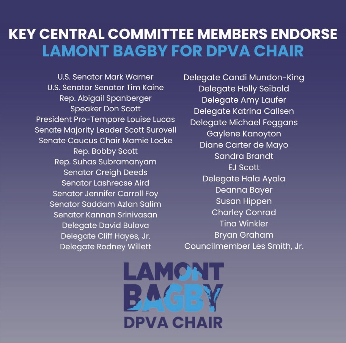 SenBagby's tweet image. Since I launched my race for Chair, it’s been an honor to receive the support of dozens of Central Committee members across Virginia.
I look forward to engaging with more grassroots leaders as I crisscross the Commonwealth in the coming weeks.