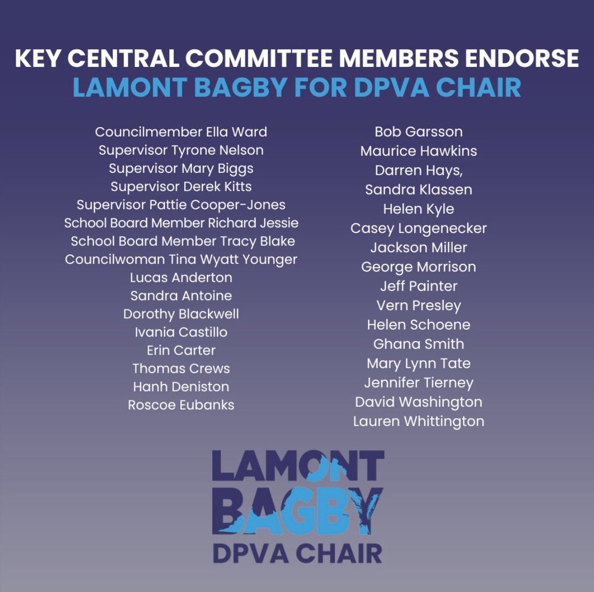 SenBagby's tweet image. Since I launched my race for Chair, it’s been an honor to receive the support of dozens of Central Committee members across Virginia.
I look forward to engaging with more grassroots leaders as I crisscross the Commonwealth in the coming weeks.