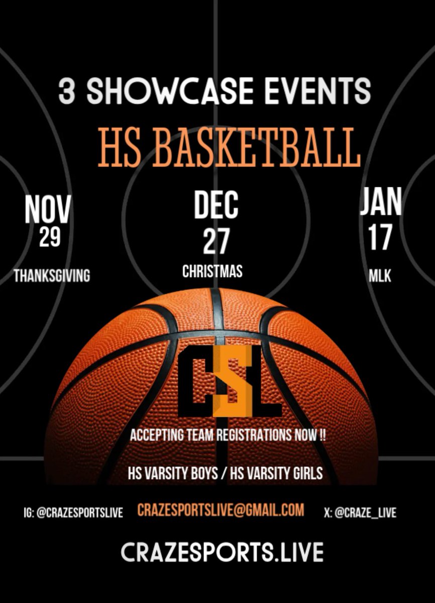 CrazeSportsLive (@craze_live) on Twitter photo CrazeSportsLive(CSL)
HS Showcase Events
Thanksgiving HS Showcase - 11/29/25
Christmas HS Showcase - (12/27/25)
MLK HS Showcase - (1/17/2026)
CrazeSportsLive
CrazeSportsLive@gmail.com CrazeSportsLive(CSL)
HS Showcase Events
Thanksgiving HS Showcase - 11/29/25
Christmas HS Showcase - (12/27/25)
MLK HS Showcase - (1/17/2026)
CrazeSportsLive
CrazeSportsLive@gmail.com