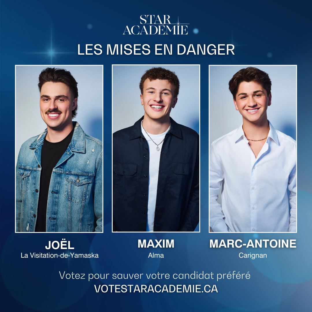 JOËL, MAXIM et MARC-ANTOINE défendront leur place à l'Académie en direct, ce dimanche! 🎤

Vous pouvez voter dès ce soir pour votre candidat favori sur votestaracademie.ca! 🗳️

🎓 La Quotidienne | Lundi au jeudi 19h30
🎤 Le Variété | Dimanche 19h
📺 <a href="/TVAreseau/">TVA</a> 
#StarAcadémie