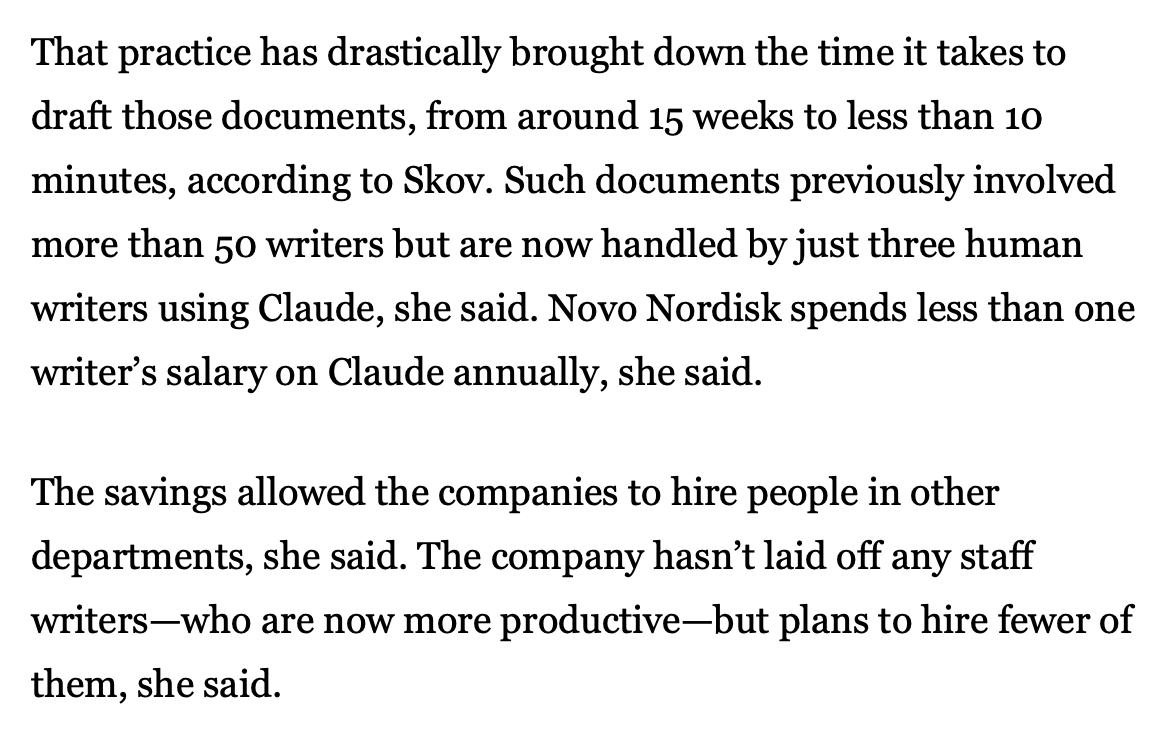 as late as last Thursday I had a conversation with a prominent editor convinced AI can only save marginal amounts of time

meanwhile Novo Nordisk has gone from a team of 50 drafting clinical reports to just 3 (the 15 weeks to &lt;10 mins surprises me though)