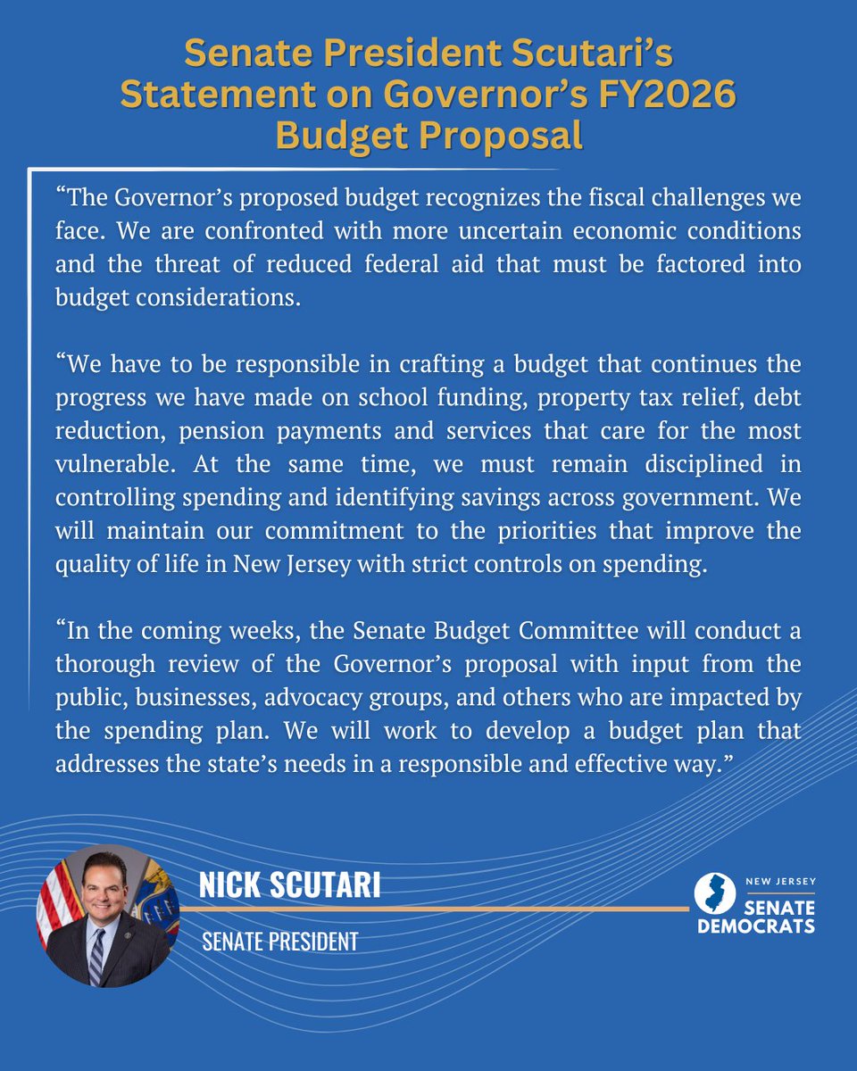 NJ Senate Democrats (@njsendems) on Twitter photo Our statement from <a href="/SenPresScutari/">Senate President Nick Scutari</a> on the Governor's Fiscal Year 2025-26 Budget Proposal Our statement from <a href="/SenPresScutari/">Senate President Nick Scutari</a> on the Governor's Fiscal Year 2025-26 Budget Proposal