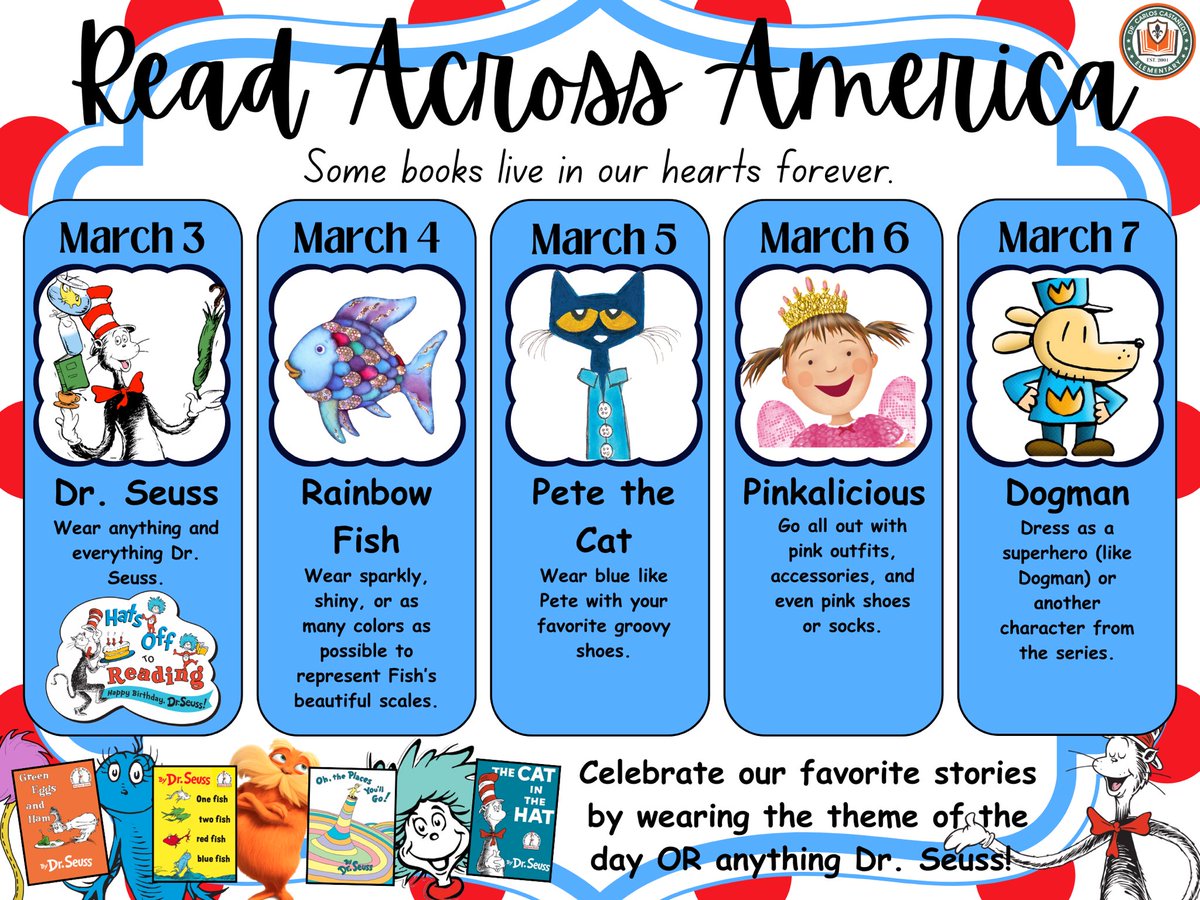 Read Across America! 

We are so excited to be celebrating some of our Cavaliers’ favorite stories and characters. Join the fun and let’s make it a special week filled with a love for literacy . 📚📚❤️❤️

**Students can choose to join the daily theme or wear anything Dr. Seuss.
