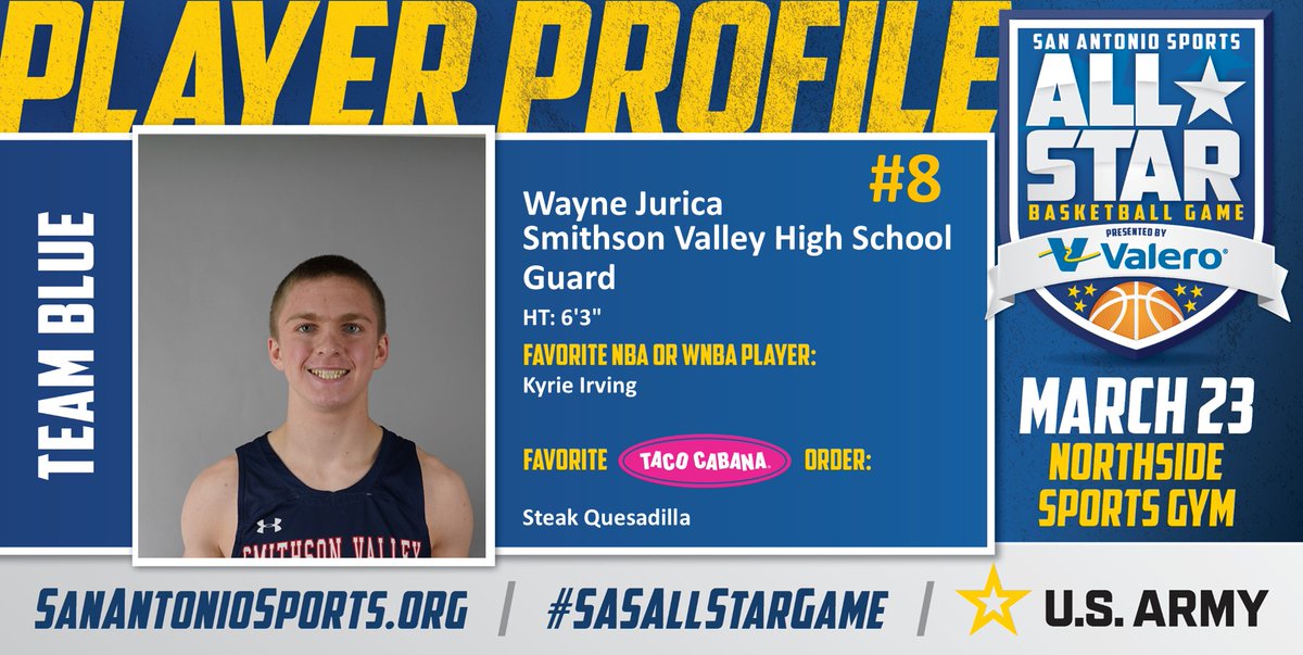 Meet <a href="/Waynejjw/">Wayne Jurica</a> from <a href="/SmithsonValley/">Smithson Valley HS</a> who will compete in the San Antonio Sports All-Star Basketball game pres. by <a href="/ValeroEnergy/">Valero</a> at the Northside Sports Gym on March 23rd! #SASAllStarGame #BeAllYouCanBe <a href="/TacoCabana/">Taco Cabana</a> <a href="/ArmySanAntonio/">GoArmy San Antonio</a> <a href="/KyrieIrving/">Kyrie🤞🏾</a>

<a href="/SV_Hoops/">SV Basketball</a>