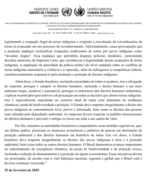🚨🇧🇷 Os retrocessos propostos nos direitos indígenas e na proteção ambiental no Brasil ameaçam os #PovosIndígenas, ecossistemas essenciais e os esforços para enfrentar a emergência climática. 

Declaração  <a href="/SRclimatechange/">SR human rights & climate change, Elisa Morgera</a> <a href="/SRtoxics/">Marcos A Orellana</a>👇🏽
#MarcoTemporal <a href="/UN_SPExperts/">UN Special Procedures</a>