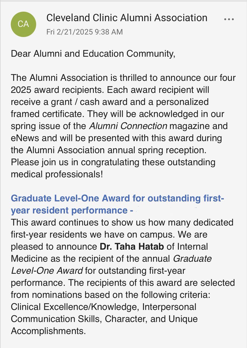 Taha Hatab (@taha_hatab1) on Twitter photo Beyond honored and humbled to be the recipient of the graduate Level-One Award by the Cleveland Clinic Alumni Association!! Grateful to be part of the <a href="/CCF_IMCHIEFS/">Cleveland Clinic IM</a> <a href="/ClevelandClinic/">Cleveland Clinic</a> family! Beyond honored and humbled to be the recipient of the graduate Level-One Award by the Cleveland Clinic Alumni Association!! Grateful to be part of the <a href="/CCF_IMCHIEFS/">Cleveland Clinic IM</a> <a href="/ClevelandClinic/">Cleveland Clinic</a> family!