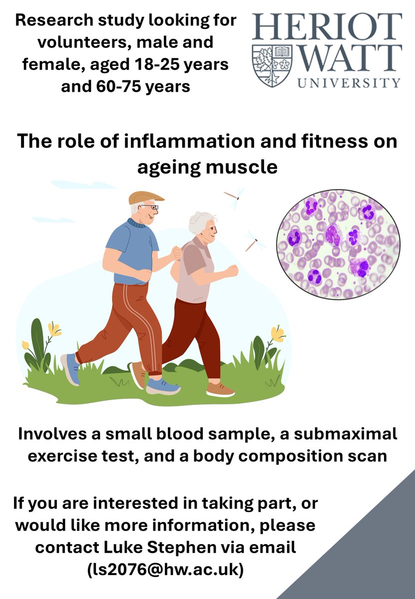 In the Edinburgh region, aged 18-25 years or 60-75 years, and interested in taking part in research trying to investigate the role of fitness + inflammation in muscle ageing, then get in touch (contact details in image below). Pls RT!