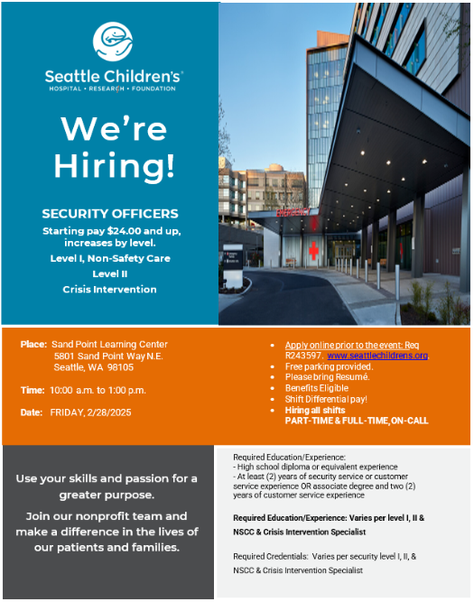 Start your new year with a new career! Join us this Friday, February 28, 2025, from 10 a.m. to 1 p.m. at the Sand Point Way Learning Center for our security officer hiring event! #hiringevent #joinus bit.ly/SC_hiring_event