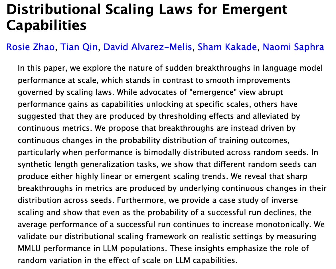 Ever looked at LLM skill emergence and thought 70B parameters was a magic number? Our new paper shows sudden breakthroughs are samples from bimodal performance distributions across seeds. Observed accuracy jumps abruptly while the underlying accuracy DISTRIBUTION changes slowly!