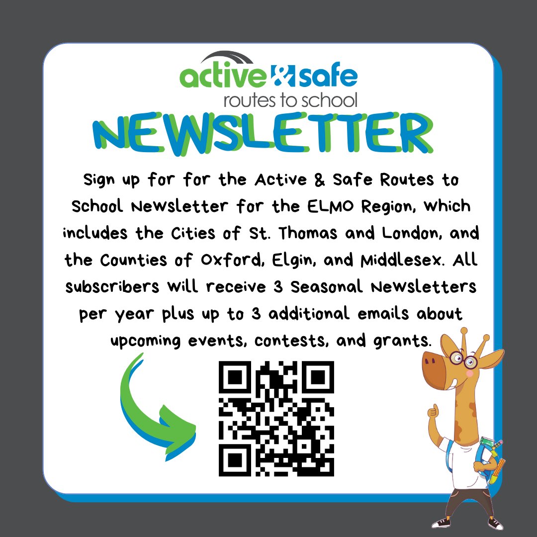 Sign up for our ELMO Region Newsletter and get the latest updates on active school travel, events, contests, and grants! 🌱📩
📅 Receive 3 seasonal newsletters per year + up to 3 extra updates on exciting opportunities!
🔗 Scan the QR code to subscribe today! #ActiveSafeRoutes