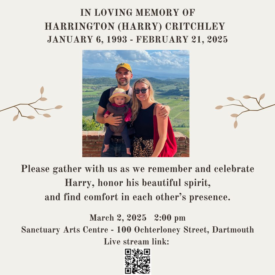 ECPJS_'s tweet image. Please gather with us as we remember and celebrate Harry, honor his beautiful spirit, and find comfort in each other’s presence.

March 2, 2025 2:00 pm
Sanctuary Arts Centre - 100 Ochterloney Street, Dartmouth
Live stream link: