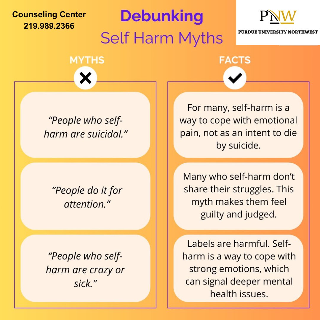 pnw_counseling's tweet image. Debunking myths about self-harm.