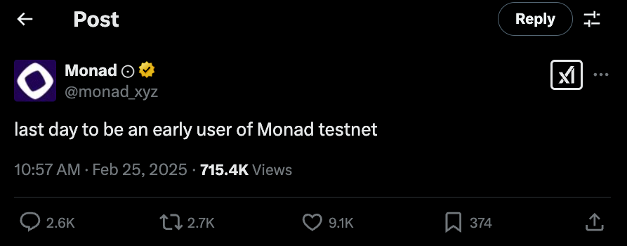 Monad team teasing this being the 

"last day to be an early user of Monad testnet"

In case you need some <a href="/monad_xyz/">Monad</a>  interactions or $MON faucets - 25 things you can do and 8 faucets below 👇

1⃣ Trade on Zaros <a href="/zarosfi/">Zaros</a>
🌐testnet.app.zaros.fi - this one earns zPoints - so 2