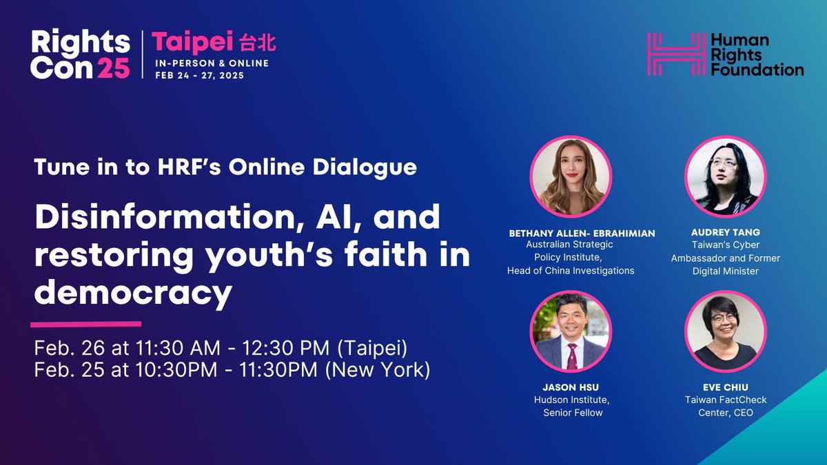 jason Hsu (@augama) on Twitter photo Speaking at <a href="/rightscon/">RightsCon</a> 25 in Taipei along with <a href="/audreyt/">⿻ Audrey Tang 唐鳳</a> and Eve Chiu Taiwan Factcheck on #AI #democracy and misinformation. Moderated by <a href="/BethanyAllenEbr/">Bethany 貝書穎</a>
Registration link : rightscon.org/participate/ Speaking at <a href="/rightscon/">RightsCon</a> 25 in Taipei along with <a href="/audreyt/">⿻ Audrey Tang 唐鳳</a> and Eve Chiu Taiwan Factcheck on #AI #democracy and misinformation. Moderated by <a href="/BethanyAllenEbr/">Bethany 貝書穎</a>
Registration link : rightscon.org/participate/