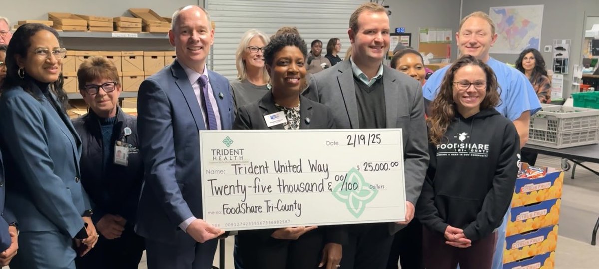 Great partners for a great cause. Keep up the great work <a href="/TridentUWay/">Trident United Way</a>! And, thanks <a href="/HCAhealthcare/">HCA Healthcare</a> for providing the $25,000 grant. Learn more at tridenthealthsystem.com/about-us/newsr…