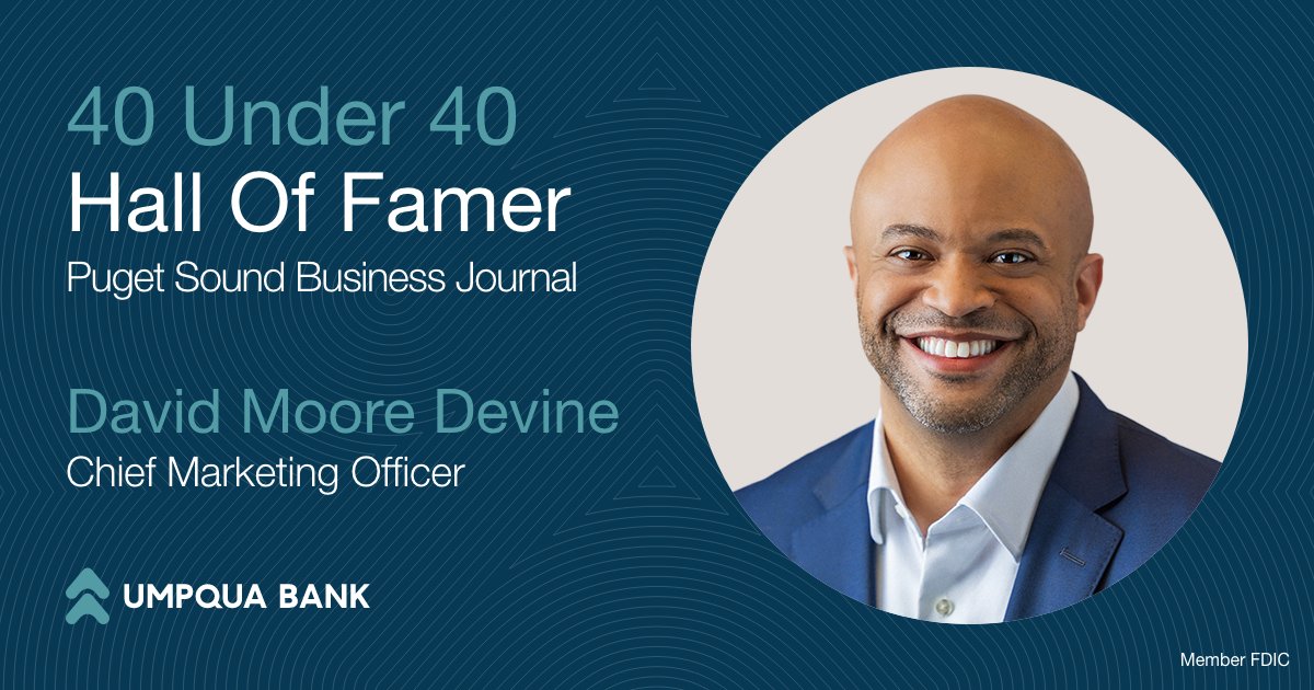 Umpqua Bank (@umpquabank) on Twitter photo We would like to congratulate our Chief Marketing Officer David Moore Devine for being inducted as a member of the <a href="/PSBJ/">Puget Sound Business Journal</a> 40 Under 40 Hall of Fame.
Learn more - ow.ly/wpip50V5IeZ We would like to congratulate our Chief Marketing Officer David Moore Devine for being inducted as a member of the <a href="/PSBJ/">Puget Sound Business Journal</a> 40 Under 40 Hall of Fame.
Learn more - ow.ly/wpip50V5IeZ