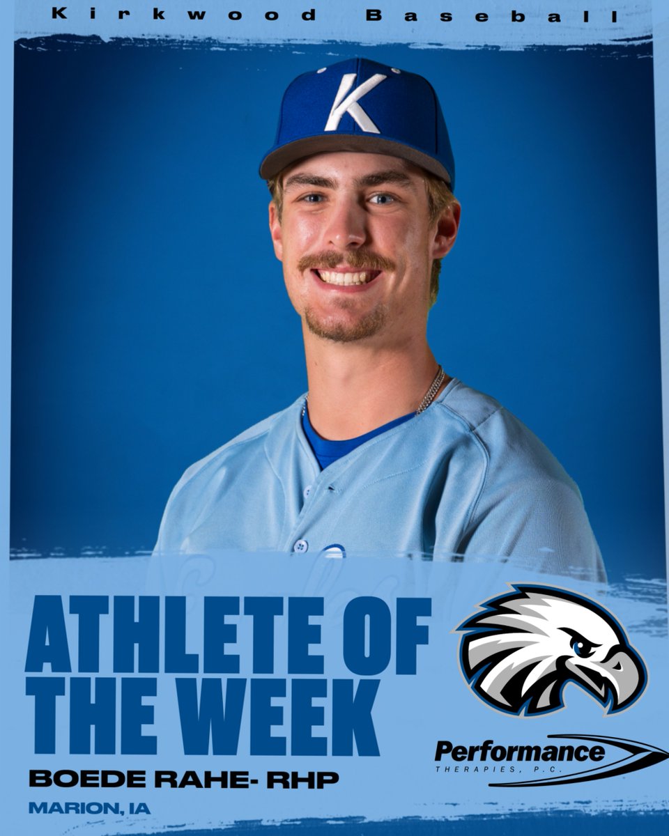 ＢＡＳＥＢＡＬＬ

Congratulations to Boede Rahe on winning ICCAC player of the week honors! Last week in his start against Wallace State, Boede threw 5 shutout innings with 10 strikeouts, allowing only 2 hits and 3 walks.

#GoEagles🦅⚾️ | 
<a href="/KCC_BSB/">Kirkwood Baseball</a>