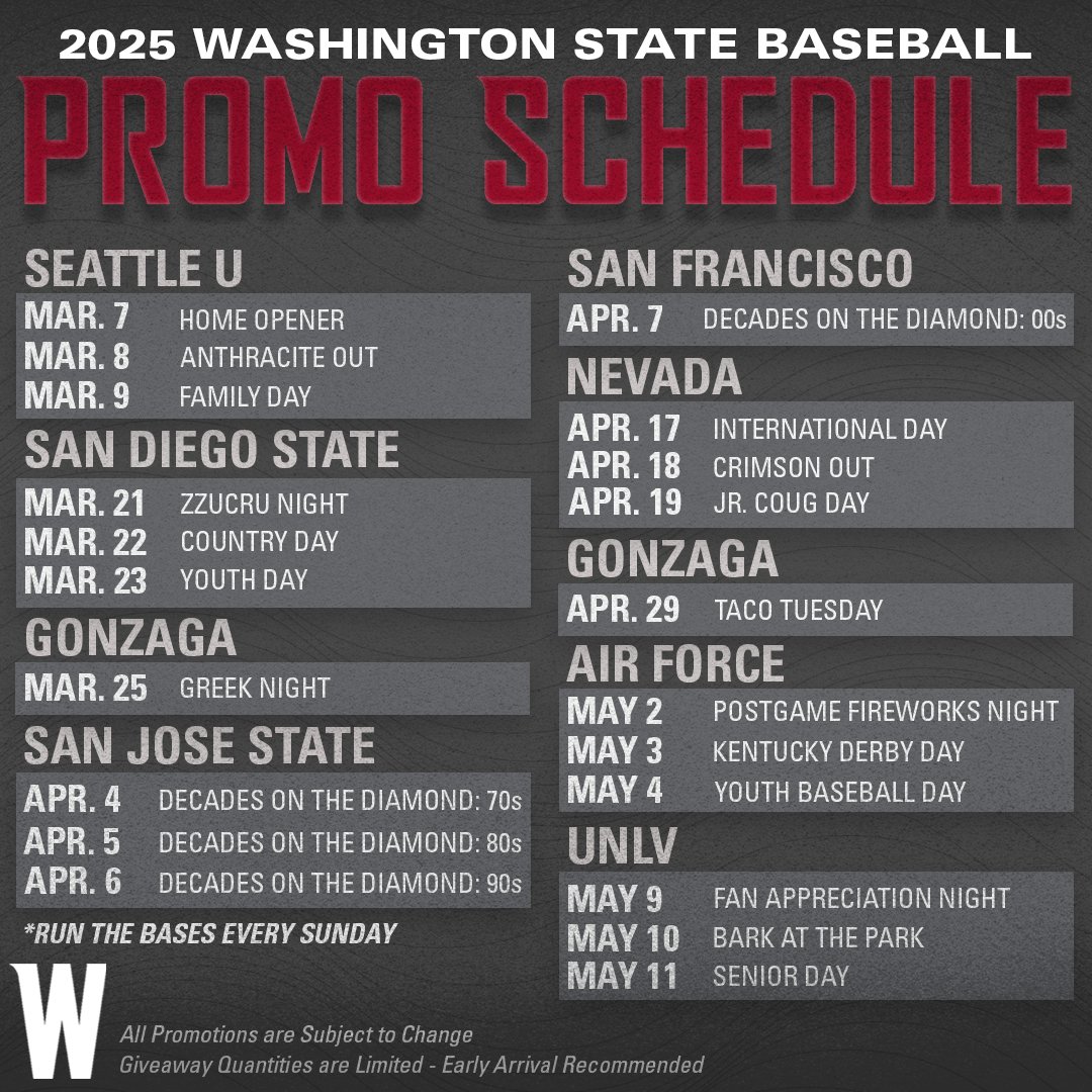 We're 10 days away from baseball back at 𝐁𝐚𝐢𝐥𝐞𝐲-𝐁𝐫𝐚𝐲𝐭𝐨𝐧 𝐅𝐢𝐞𝐥𝐝!

Check out the 2025 season promo schedule and make sure to get your tickets and RV weekend passes today!

🎟️ | wsucougars.evenue.net/list/B

#GoCougs | #AgainstTheGrain