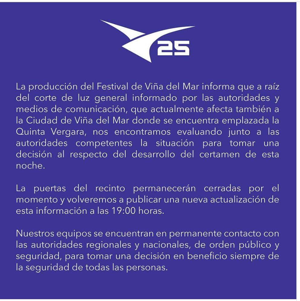 AlbertoRodNews's tweet photo. ÚLTIMA HORA | Apagón nacional en Chile: La producción del Festival de Viña del Mar evalúa suspender el evento. 

«Nos encontramos evaluando junto a autoridades la situación para tomar una decisión a respecto del desarrollo del certamen esta noche» https://t.co/zhFnFSzoV5 https://t.co/mIDBFawOkc