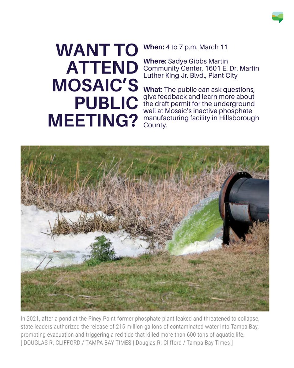 Mosaic, a major phosphate mining company, is seeking permits to inject industrial wastewater thousands of feet underground at multiple #Florida sites. Learn more about how this puts our communites at risk and ways to fight back! tampabay.com/news/environme…