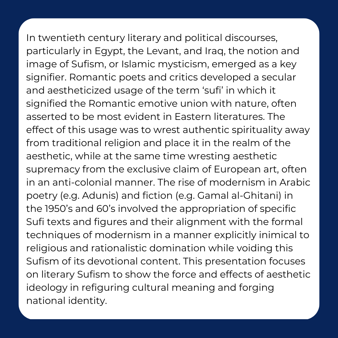 Join us this Friday for Yaseen Noorani's colloquium, World Literature, National Identity, and the Secularization of Sufism. The talk will be held in Marshall 490 at 3PM; it is free and open to the public.

Visit the link to learn more: shorturl.at/GlPLl