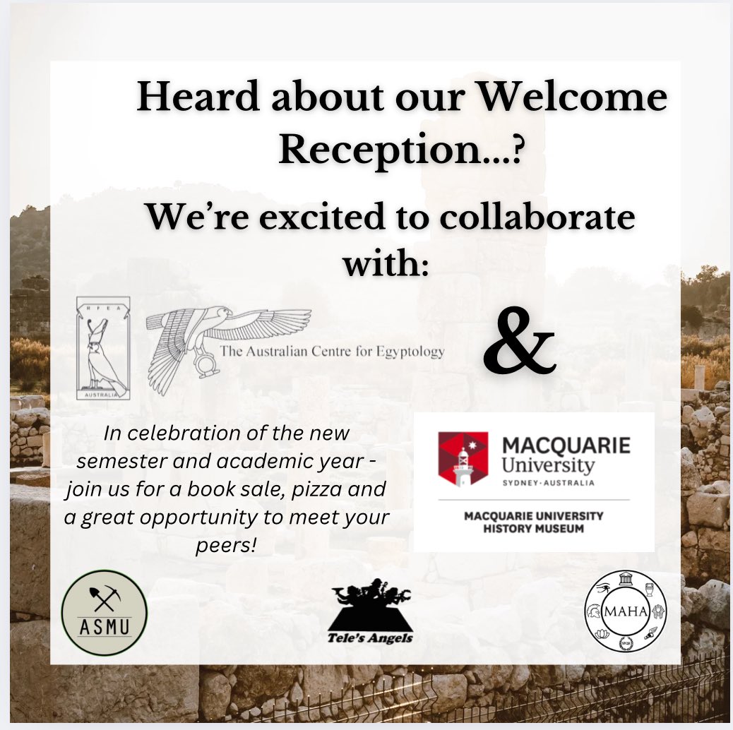 A reminder that our welcome reception is coming up in one week! 

We are very excited to be collaborating with the Australian Centre for Egyptology who will be having a second hand book sale! 

We also will have the Macquarie University History Museum providing Pizza!