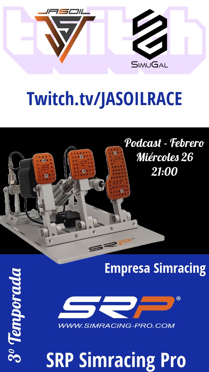 Adrian Dominguez / JaSoiL Race (@jasoilrace) on Twitter photo ⚜️ Podcast #23 ⚜️
📆 Miércoles 26, 21:00
✅ Con <a href="/SRPsimracingpro/">SRP SimRacing-Pro.com</a>
🔴 Directo en Twitch.tv/jasoilrace
Hablaremos con el dueño de esta Empresa de #Simracing y patrocinador del canal ⚜️ Podcast #23 ⚜️
📆 Miércoles 26, 21:00
✅ Con <a href="/SRPsimracingpro/">SRP SimRacing-Pro.com</a>
🔴 Directo en Twitch.tv/jasoilrace
Hablaremos con el dueño de esta Empresa de #Simracing y patrocinador del canal