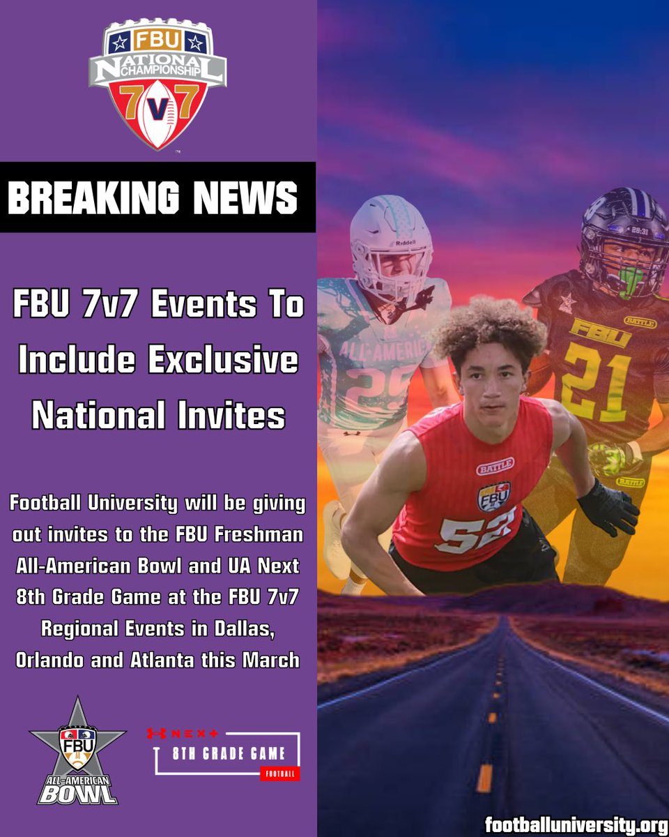 🚨𝐁𝐑𝐄𝐀𝐊𝐈𝐍𝐆 𝐍𝐄𝐖𝐒

FBU will be inviting select Top Performers at the FBU 7v7 Regionals in Dallas, Orlando and Atlanta to the Freshman All-American Bowl &amp; UA Next 8th Grade Game 😳

Want an invite to the big stage? Enter Team 👉  footballuniversity.org/7-on-7/