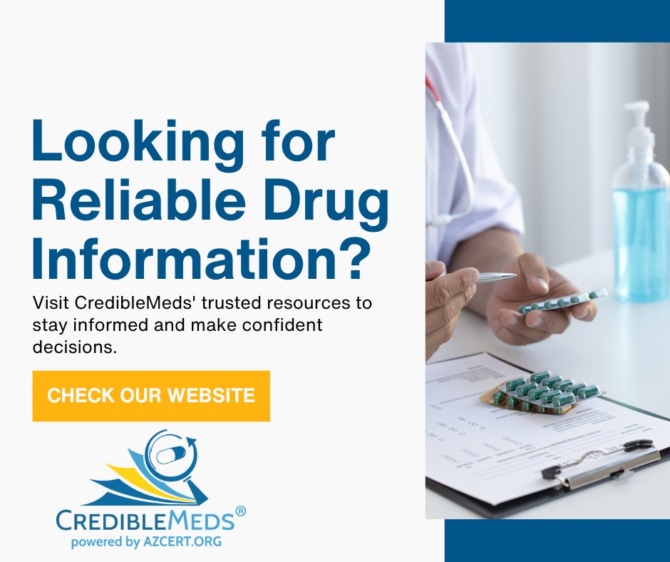 "Looking for Reliable Drug Information?

Visit CredibleMeds' trusted resources to stay informed and make confident decisions.
Explore useful links: crediblemeds.org/everyone/usefu…

#CredibleMeds #DrugSafety #MedicationSafety #HealthCare #QTdrugs #QTdrugsList #LongQT #LQTS